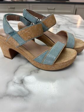 Miz Mooz Dusty Blue Suede Platform Sandals with Tan Floral Print Platform